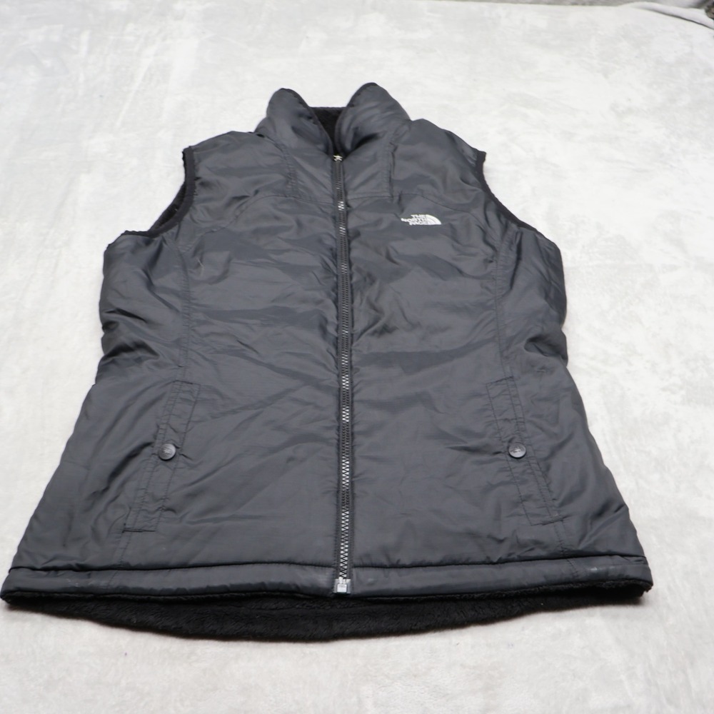 North Face Vest Womens Medium Black Reversible Fleece Quilted Full Zip Puffer